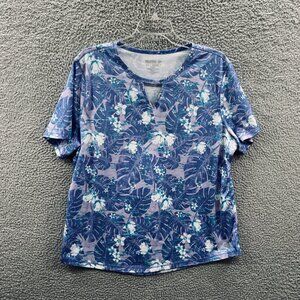 Reel Legends Womens Free Line Top 1X Blue White Floral‎ Short Sleeve Fish Shirt